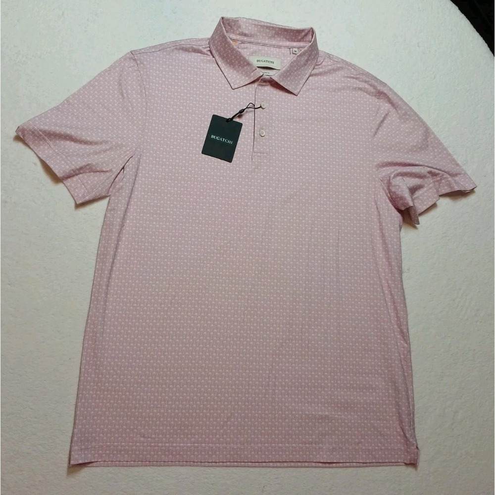 BUGATCHI Men's Med Polo Shirt Pink Palm Tree Print OoohCotton 8-Way Stretch NWT*